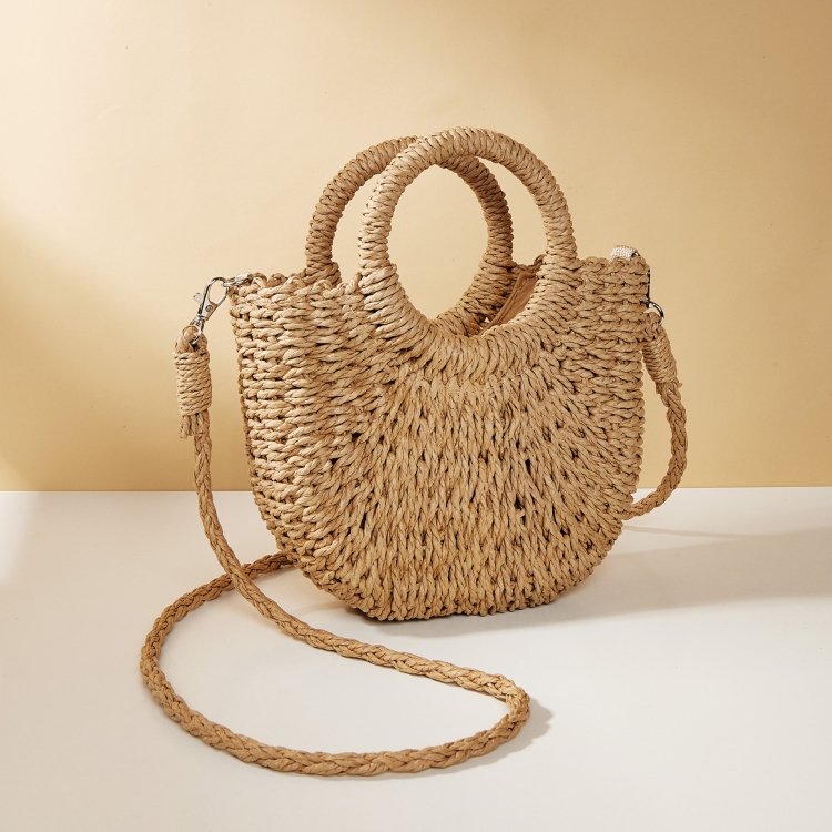 

Half-moon Shape Straw Tote Bag Cross-body Woven Beach Single-shoulder Bag, Color: Camel