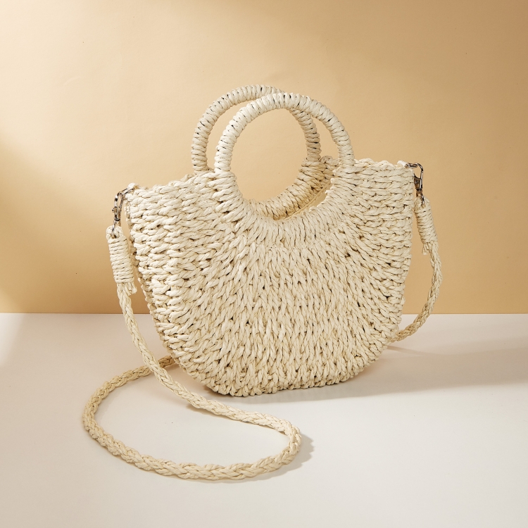 Half-moon Shape Straw Tote Bag Cross-body Woven Beach Single-shoulder Bag,  Color: Beige