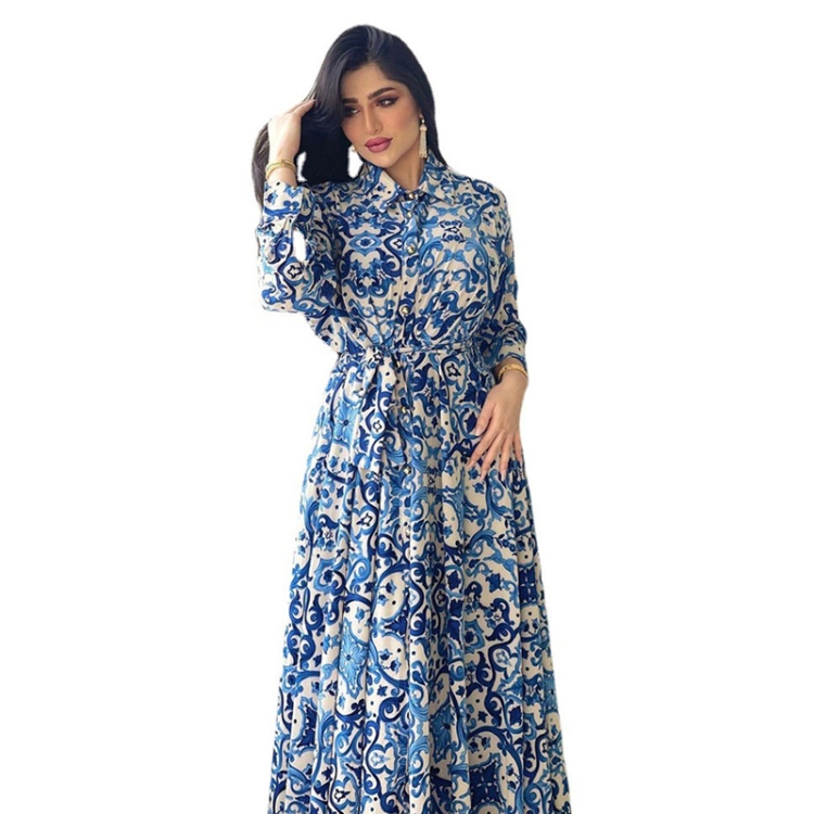 

Ladies Printed Big Hem Shirt Tie Long Dress, Size: S(Blue)