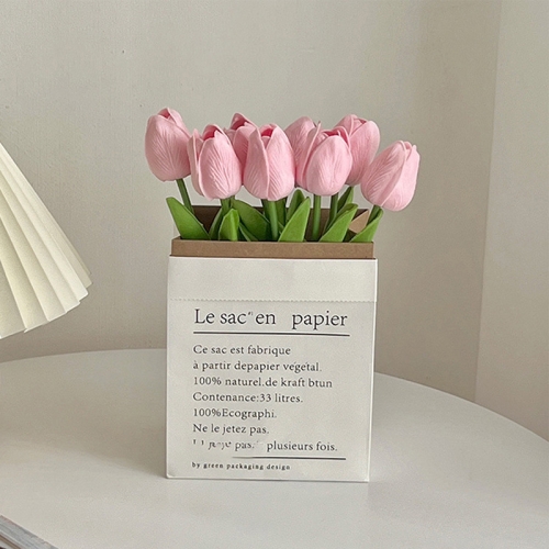 

10 In 1 Tulip Bouquet With Paper Bag Home Decoration Simulation Flowers Paper Bag Floral Set Arrangement(Pink)