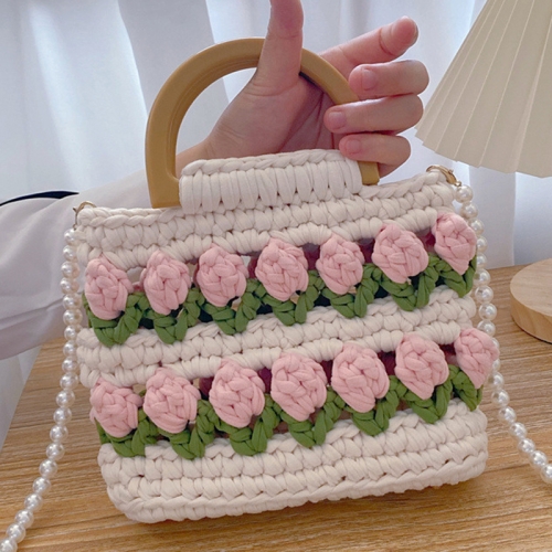 

Homemade Tulip Hand Knitting Bag Cloth Strip Line DIY Material Kit With Pearl Shoulder Strap(Beige x Fruit Green x Light Pink)