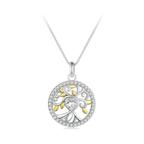 S925 Sterling Silver Zircon Gold Plated Tree Of Life Necklace(BSN371)
