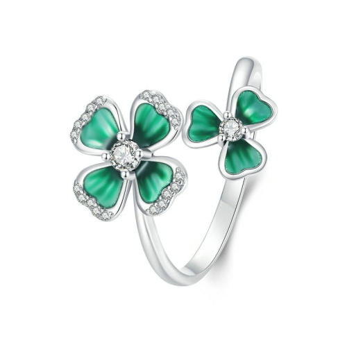

S925 Sterling Silver Platinum Plated Lucky Four-leaf Clover Open Adjustable Ring(BSR528-E)