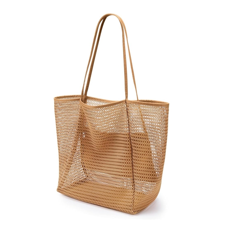 

Folding Beach Bag Mesh Tote Handbag Women Shoulder Bag(Khaki)