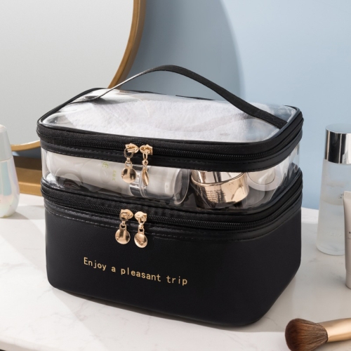

Double Layer Cosmetic Bag PU Transparent Waterproof Travel Portable Large Capacity Storage Bag(Black)