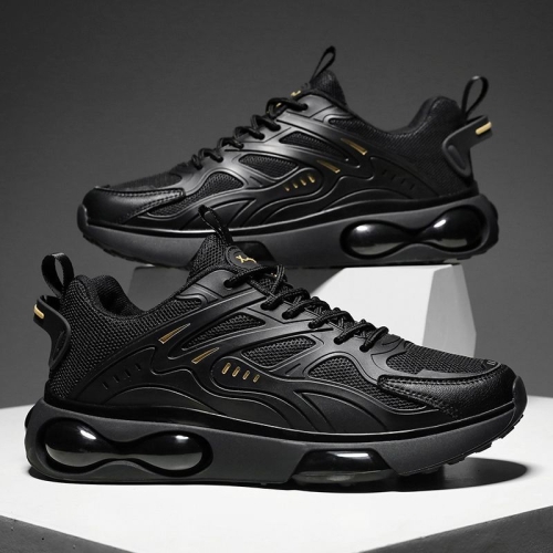 

Men Air Cushion Sneakers Low Top Lace Running Shoes Mesh Breathable Sports Shoes, Size: 39(Black Gold)