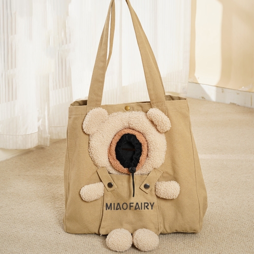 Portable Outing Cat Bag Exposed Shoulder Canvas Bag Small Dog Pet Bag(Bear Khaki)