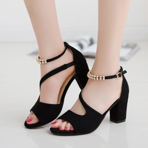 

Summer Roman Style Metal One Buckle Chunky Sandals Women Casual High Heels, Size: 37(Black)