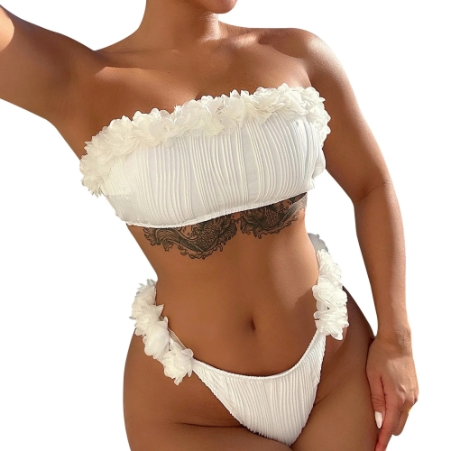 Women Two-Piece Swimsuit Strapless Sexy Bikini Top With Flower Decoration, Size: S