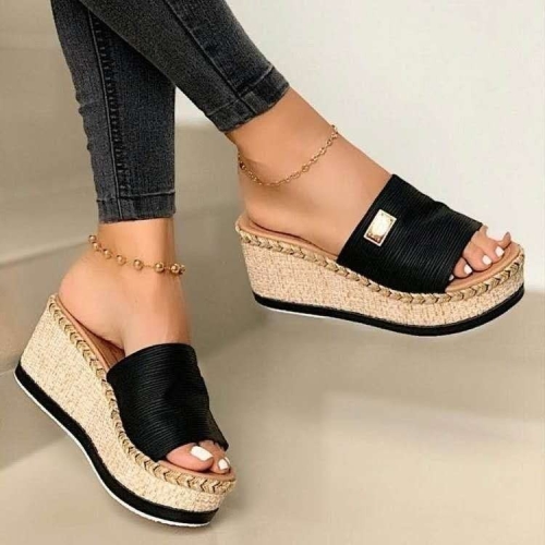 

Summer Casual Sandals Women Shoes Hemp Rope Woven Thick Bottom Slope Heel Slippers, Size: 36(Black)