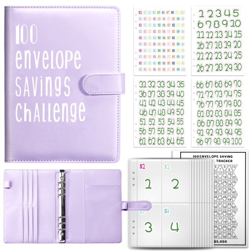 

100 Day Savings Challenge A5 Loose Leaf Cash Budget Notebook With Number Sickers(Purple)