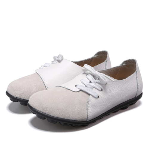 

Women Leather Loafers Anti-slip Soft Sole Lace-up Mom Shoes, Size: 37(White)