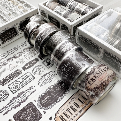

8rolls /Box Ancient Style Transparent PET Tape Set for Journaling 3cm x 2+2cm x 2+1.5cm x 4(Badge Pattern)