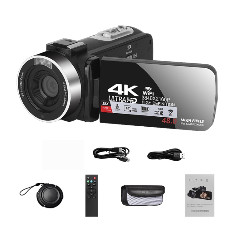 4K Camcorder With Wireless Microphone - 48MP 60FPS Video Camera, 18X Zoom, 3" Flip Screen, Remote, 2 Batteries For YouTube Vlogging