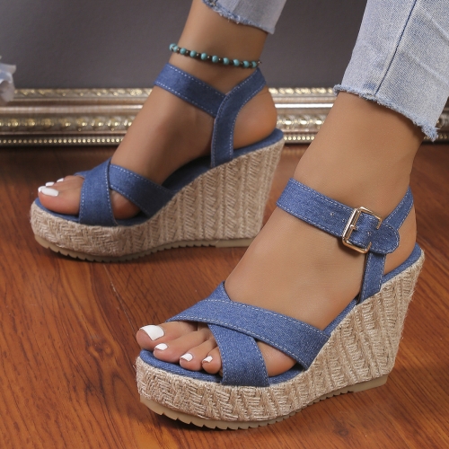 

Slope Heel Summer Women Sandals Thick Bottom Straw High Heels Sandals, Size: 36(Cross-strap)