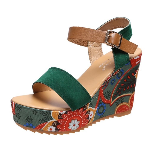 Summer Floral Fabric Slope Heel Women Sandals Comfortable Casual High Heels, Size: 35(Green)