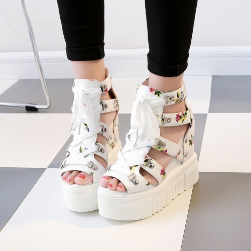 

Summer Roman Sandals High Heel Floral Printed Cross Strap Women Shoes, Size: 36(White)