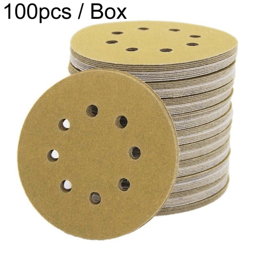 100pcs / Box 5 Inch 8 Holes Round Disc Sanding Sandpaper 125mm Yellow Sand Flocking Sheet, Grit: P60