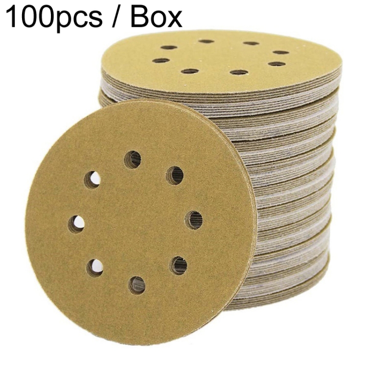 100pcs / Box 5 Inch 8 Holes Round Disc Sanding Sandpaper 125mm Yellow