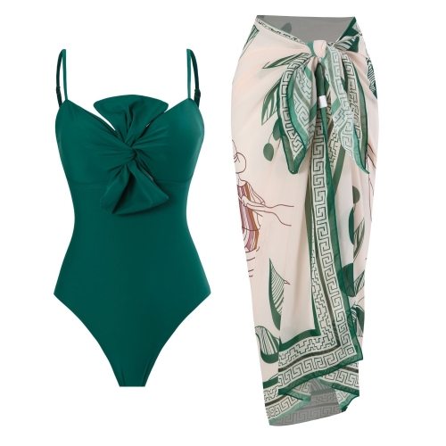 

Bow-knot Solid Color One-Piece Swimsuit Retro Belly-covering Slimming Swimsuit, Size: S(Green Suit)