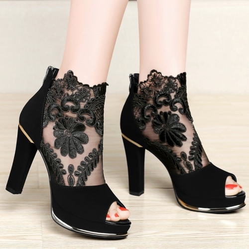 

Summer Women Chunky Heel Peep Toe Sandals Sexy Lace High Heels, Size: 36(Black)
