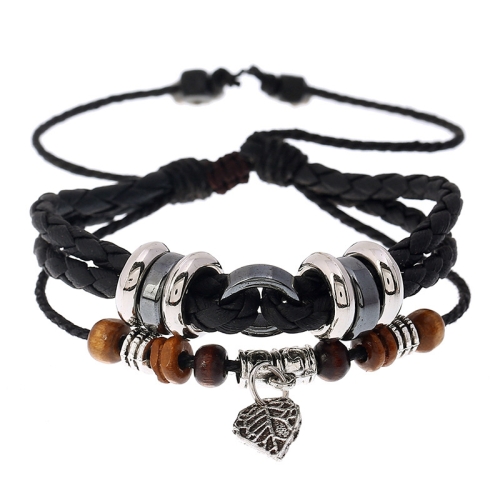 

Multi-Layers Braided Leaf Charm Bracelet Simple Personalized Hand Band(Black)