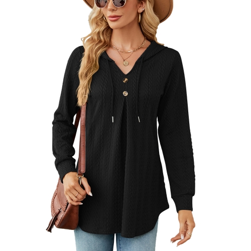 

Autumn Winter V-Neck Loose Long Sleeve Hooded Sweatshirt Women Outerwear, Size: S(Black)