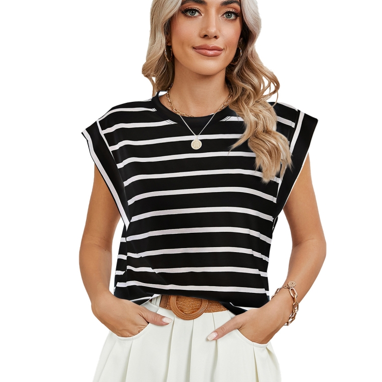 

Women Stripe Style Summer Loose Top Basic T-Shirt Round Neck Casual Tank, Size: S(Black)