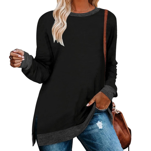 

Long Sleeve Round Neck Colorblocked Split Top Ladies Loose Casual Pullover T-Shirt, Size: S(Black)