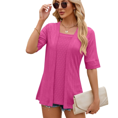 

Spring Summer Solid Color Square Neck Splicing Five-quarter Sleeve T-shirt Top, Size: S(Barbie Pink)