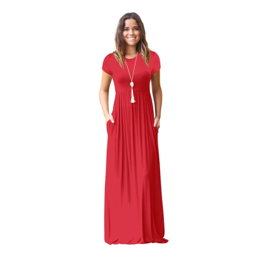 

Ladies Spring And Summer Short Sleeve Waisted Casual Pocket Long Dresses, Size: S(Red)