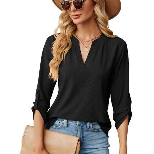 

Solid Color Jacquard V-neck Button Three-quarter Sleeve Loose T-shirt Top, Size: S(Black)
