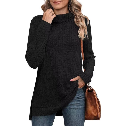 Ladies Autumn And Winter Solid Color High Collar Split Loose Tops, Size: S(Black)