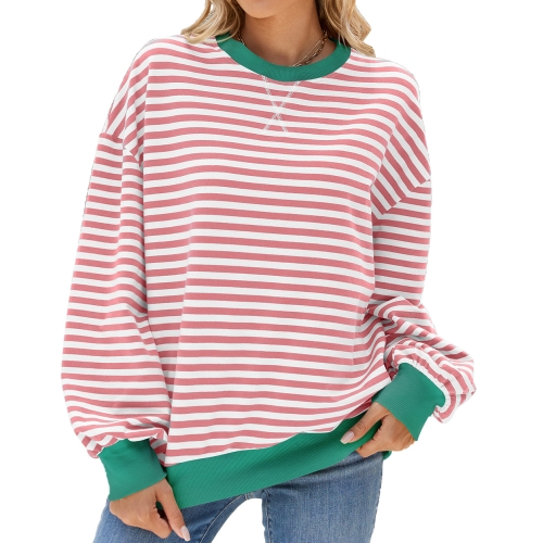 

Women Fall Winter Striped Crewneck Color Block Loose Long Sleeve Sweatshirt Jacket, Size: S(Pink White)