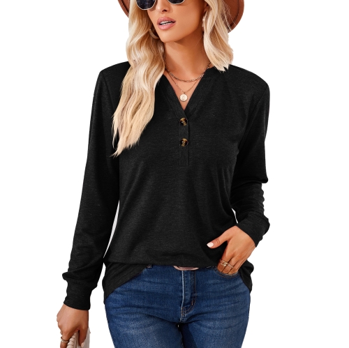 

Autumn and Winter Solid Color V-neck Button Loose Long-sleeved T-shirt Top, Size: S(Black)