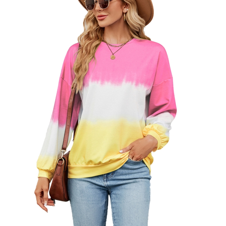 

Ladies Autumn And Winter Tie-Dye Color Clash Round Neck Loose Long Sleeve Sweatshirt, Size: S(Pink Yellow)
