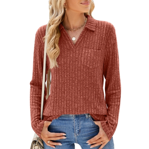 Women Long Sleeve Solid Color Collared Shirt, Casual Loose Fit Top with  Pockets for Autumn and