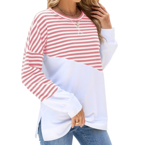 

Women Casual Loose Fit Colorblock Striped Long Sleeve Sweatshirt Crew Neck Pullover Top for Fall Winter, Size: S(Pink and White)
