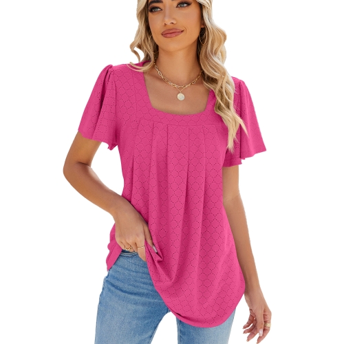 

Spring and Summer Square Neck Pleated Short Sleeve Ladies Loose T-Shirt Top, Size: S(Rose Pink)