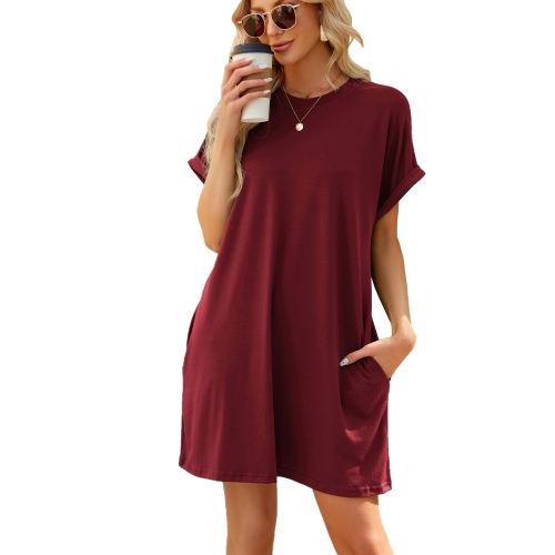 Women Spring Summer Round Neck Pocket Loose Short Sleeve Dress, Size: XL(Wine  Red)