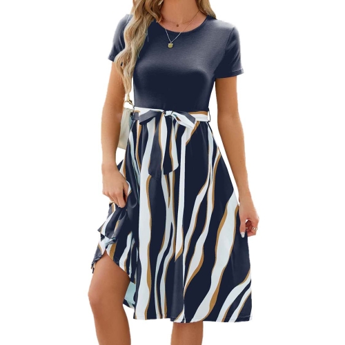 

Women Spring Summer Round Neck Splicing Printed Short Sleeve Big Hem Dress, Size: S(Navy)