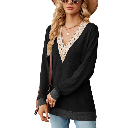 Autumn Winter Hollow Lace V-neck Color-blocked Split Loose Long-sleeved T-shirt, Size: S(Black)