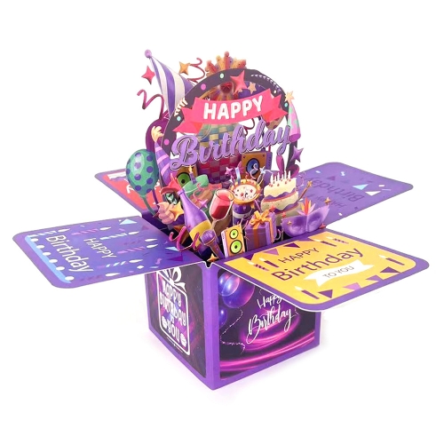 Colorful 3D Three-dimensional Handmade Hollow Paper Carving Birthday Card(Purple)