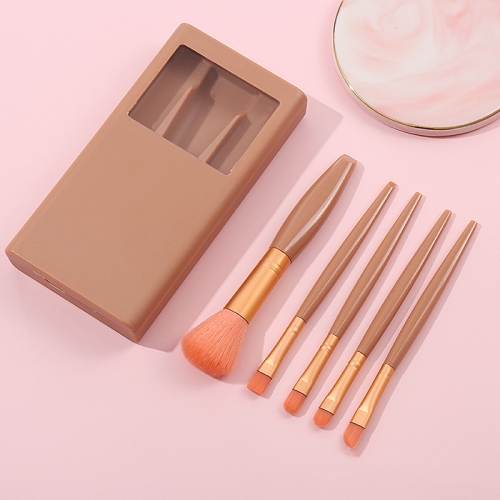 5 In 1 Windowed Mirror Case Portable Mini Multifunctional Makeup Brushes Cosmetic Tool Set(Bean Paste Color)