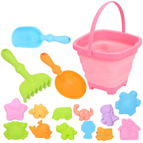 

16pcs /Set Children Folding Bucket Beach Toys Play House Water Play Sand Dredging Tools(Pink)