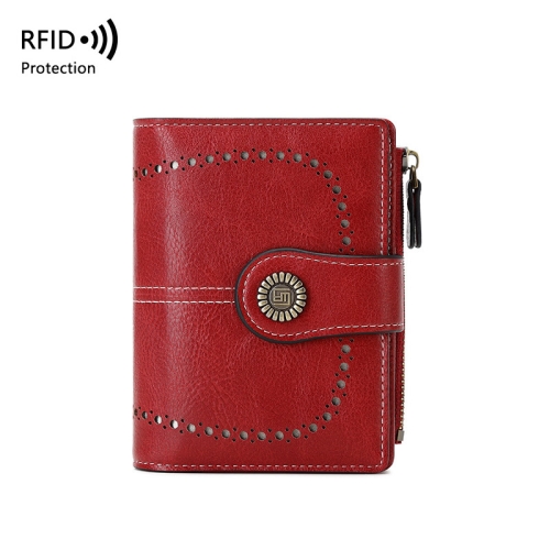 

RFID Anti-theft Brush Women Wallet Multi Card Position Buckle Wallet Short Zipper Purse(Wine Red)