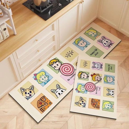 

40 x 60cm+40 x 120cm 2pcs / Set Household Kitchen Oil-Absorbing Cartoon Pad Bathroom Non-Slip Quick-Drying Mat(Candy World-White)