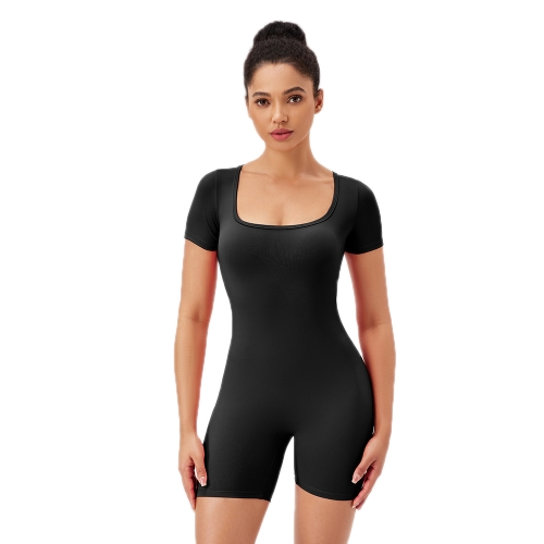 

Women Square Neck Tight Quick-drying Yoga Short-sleeved Jumpsuit, Size: S(Black)