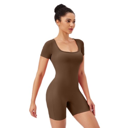 Women Square Neck Tight Quick-drying Yoga Short-sleeved Jumpsuit, Size: L(Dark  Brown)