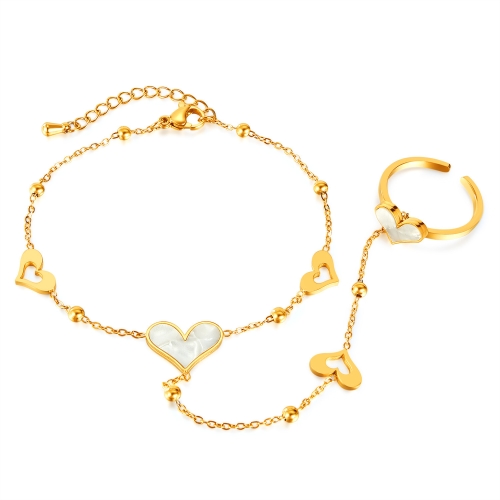 

OPK GS1557 2 in 1 Simple Stainless Steel Hand Back Chain Love Heart Ring Bracelet Integrated Hand Jewelry